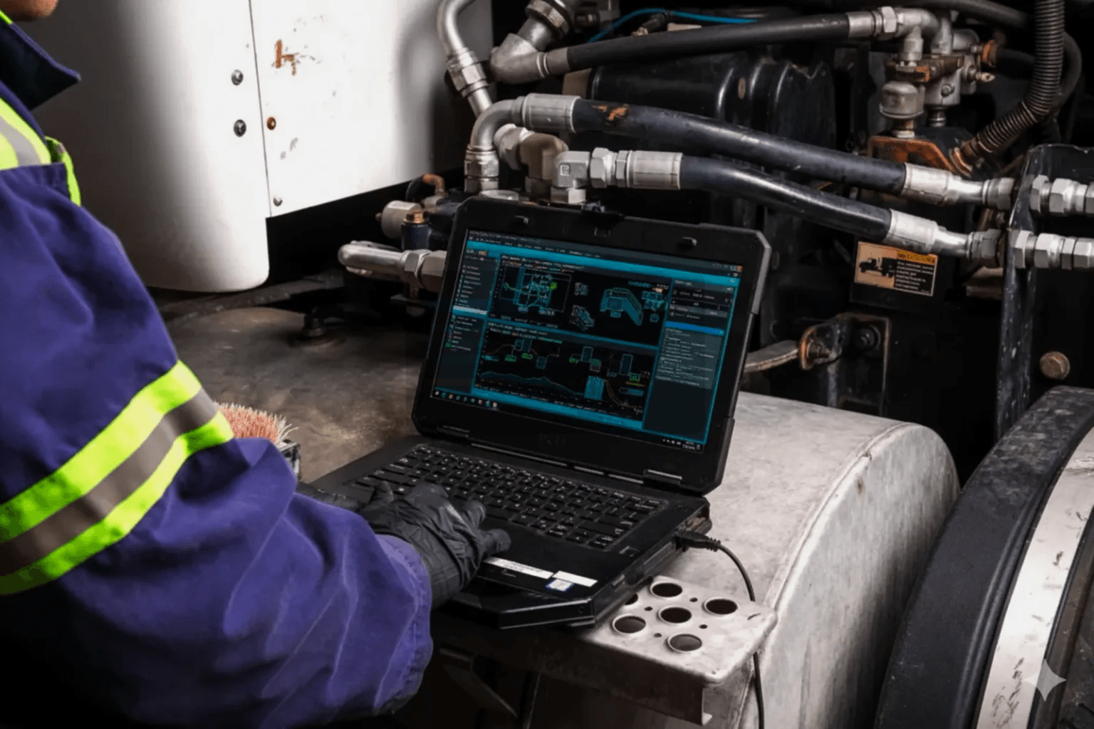 Technician validating electrical systems during electronic APU installation