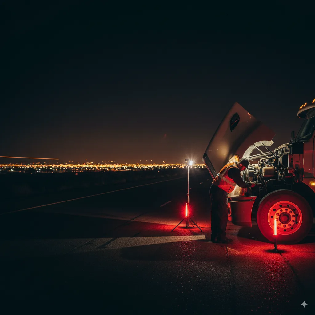 Mobile diesel mechanic assisting semi-truck in Phoenix desert at sunset